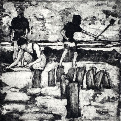 gravure noir et blanc plage famille estampe eau-forte aquatinte laurence de Saint Martin artiste yvelines