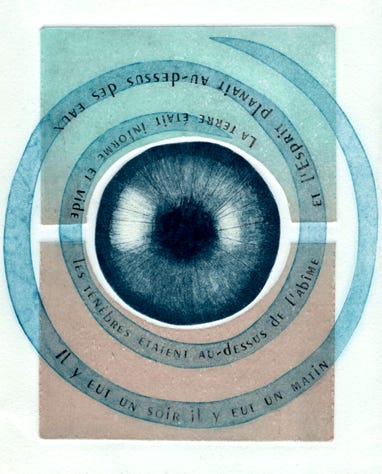 oeil gen&egrave;se eau-forte couleur gravure cuivre estampe dessin papier affiche image travail laurence de Saint Martin artiste peinture d&eacute;co