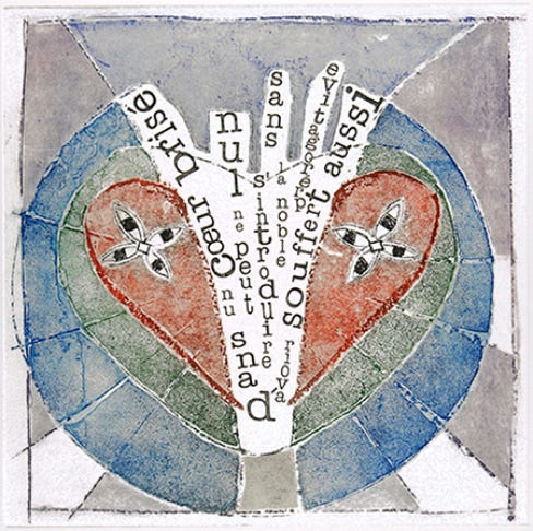 Laurence de Saint Martin st artiste Partage coeur quatrain Emily Dickinson eau-forte couleur estampe cuivre plaque laurence de Saint Martin artiste d&eacute;co affiche peinture papier dessin po&eacute;sie